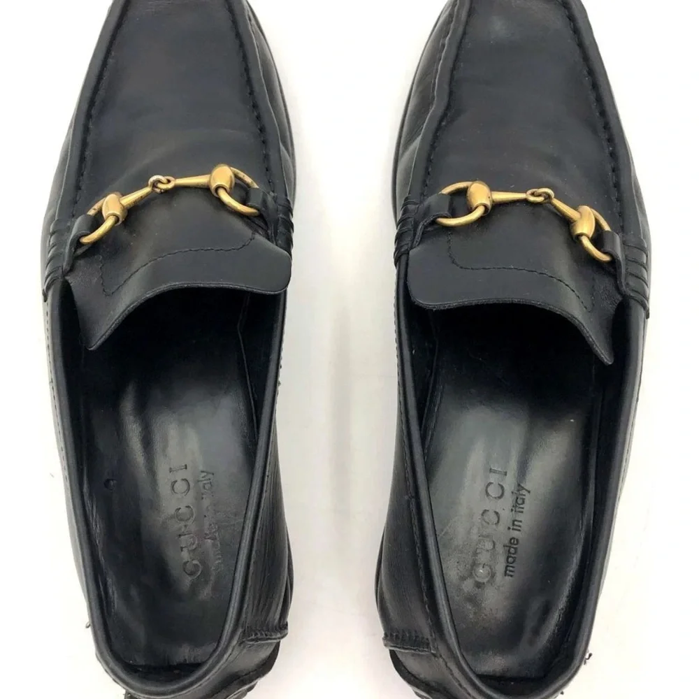 Gucci Men's Black Leather Loafers w/ Gold-Tone Horsebit Detail - Size 9.5 (+COA)